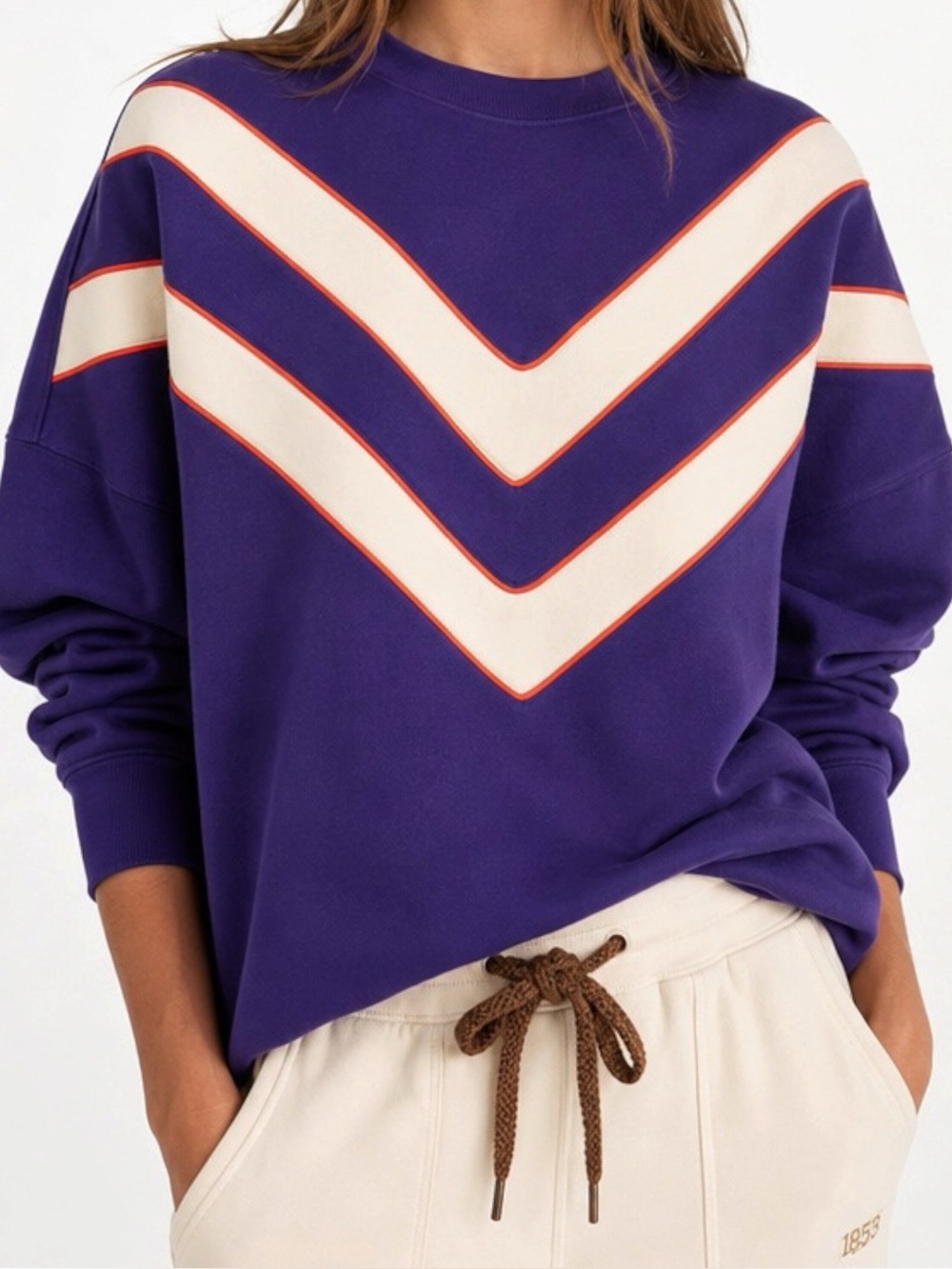 TORY BURCH TORY SPORT French Terry Chevron Crewneck Sweatshirt, Eggplant, Small
